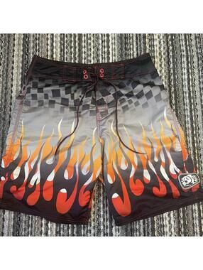 Vtg Rusty Board Shorts Mens 32 Fire Flame Biker Surf Skate Trunks Y2K 90s
